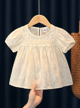 女童短袖衬衫夏季新款2024女宝宝宝提花甜美薄上衣韩版纯棉娃娃衫