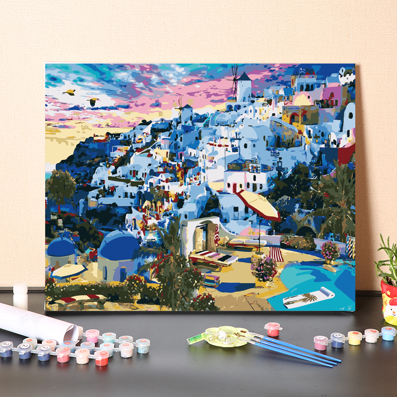 数字油画diy手工填充希腊爱琴海圣托里尼风景手绘画画涂色油彩画