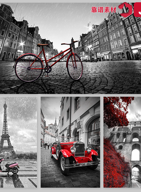 英伦复古黑白红色摩托老爷车单车古典建筑装饰画图片JPG设计素材