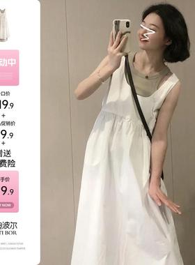 流行漂亮白色吊带背带连衣裙子女2024新款夏季韩系穿搭一整套长裙