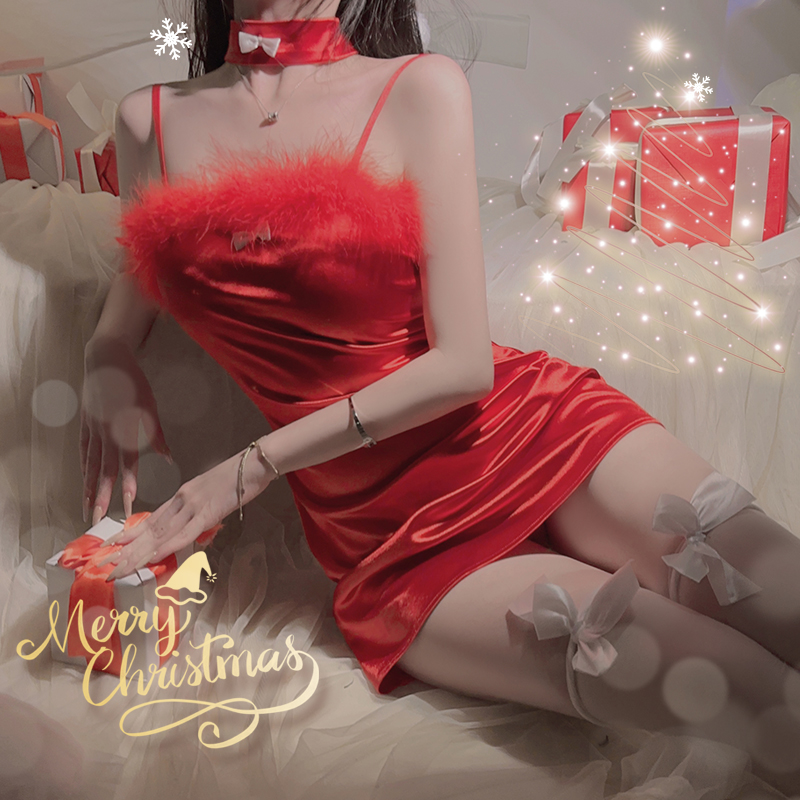 网红主播圣诞元旦短款小礼服毛毛性感抹胸吊带连衣裙新娘红色睡裙