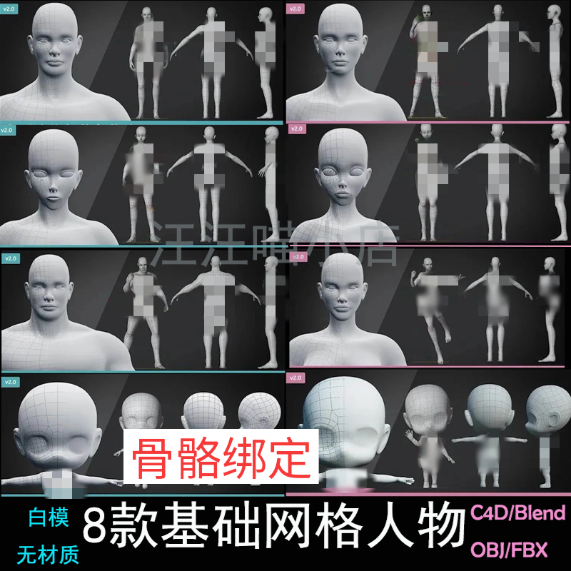 Blender网格人物3D模型角色骨骼绑定模型Blender C4D FBX OBJ