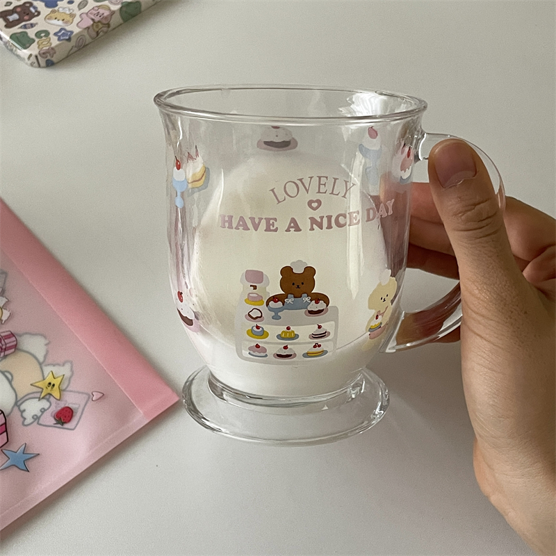 高颜值少女心水杯可爱小熊韩式卡通ins风玻璃杯早餐杯子牛奶杯