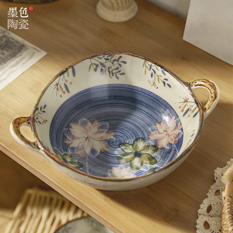 墨色日式陶瓷双耳汤碗家用2023新款好看的面碗沙拉碗螺蛳粉专用碗