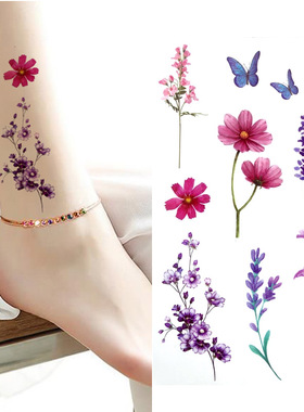 小清新唯美小碎花朵花瓣蝴蝶紫色锁骨贴脚踝防水持久逼真