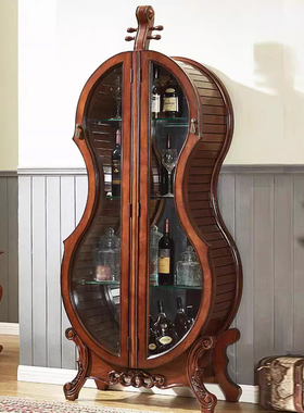 美式实木酒柜客厅展厅柜装饰玻璃摆件大提琴雕花双门酒柜轻奢酒架