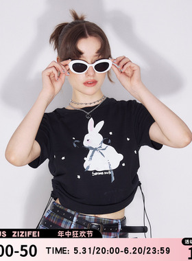 ziziFei夏季美式复古兔子印花图案短款上衣抽绳正肩黑色短袖T恤女