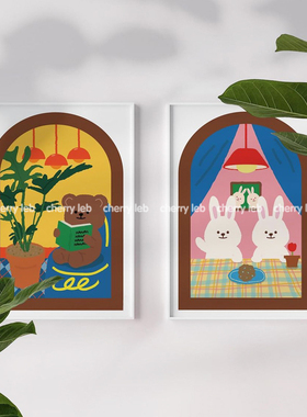 装饰画海报韩国ins窗外风景小熊鸭兔子卡通儿童房童装店自粘墙贴