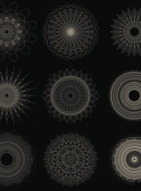 黑色背景圆形万花筒花纹复古环形纹样图案AI矢量装饰包装设计素材