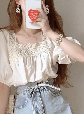 韩国chic夏季设计感小众蕾丝边方领白色灯笼袖衬衫薄款短袖娃娃衫