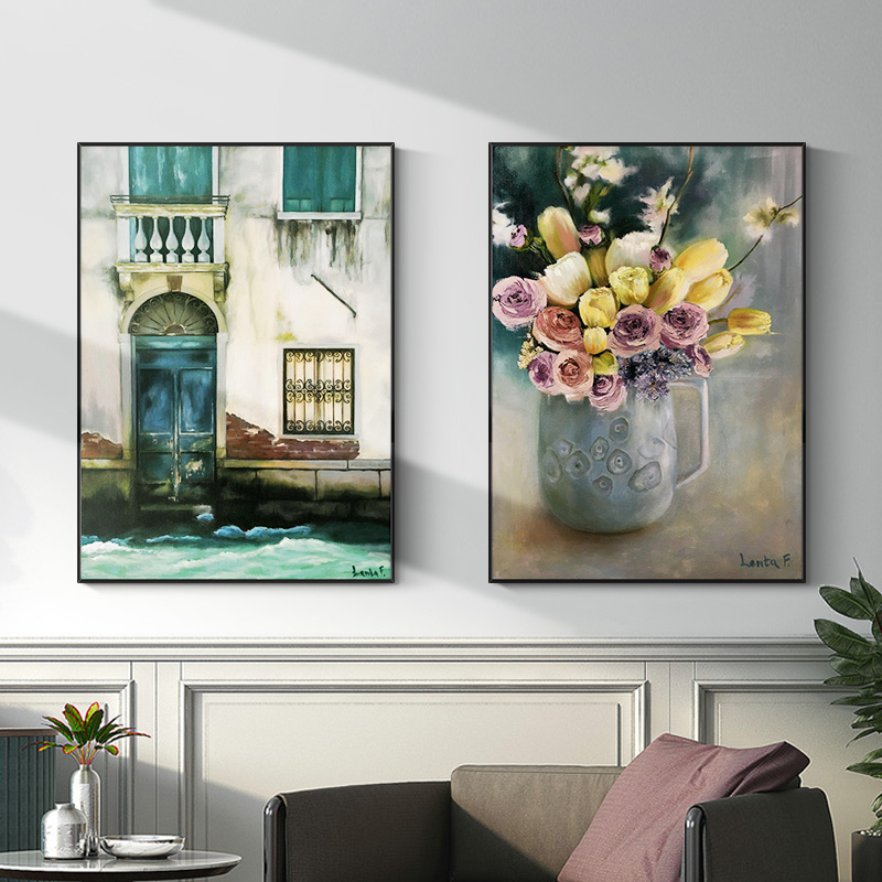 现代美式纯手绘油画客厅卧室抽象双联花卉风景建筑挂画定制装饰画