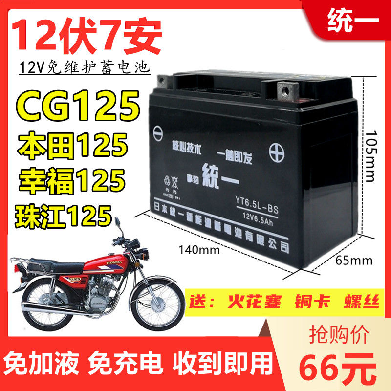 CG12珠江5幸福125男士摩托车擎豹统一免维护蓄电池12V6.5A干电瓶