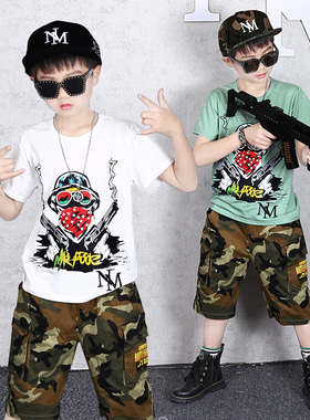 男童迷彩套装儿童夏季户外军训服中大童吃鸡游戏短袖帅气两件套潮