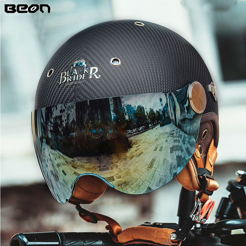 BEON碳纤维摩托车头盔超轻哈雷复古机车半盔电动车男女夏季防晒