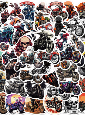 50张复古哈雷摩托车贴纸欧美个性涂鸦吉他滑板头盔装饰贴画防水图