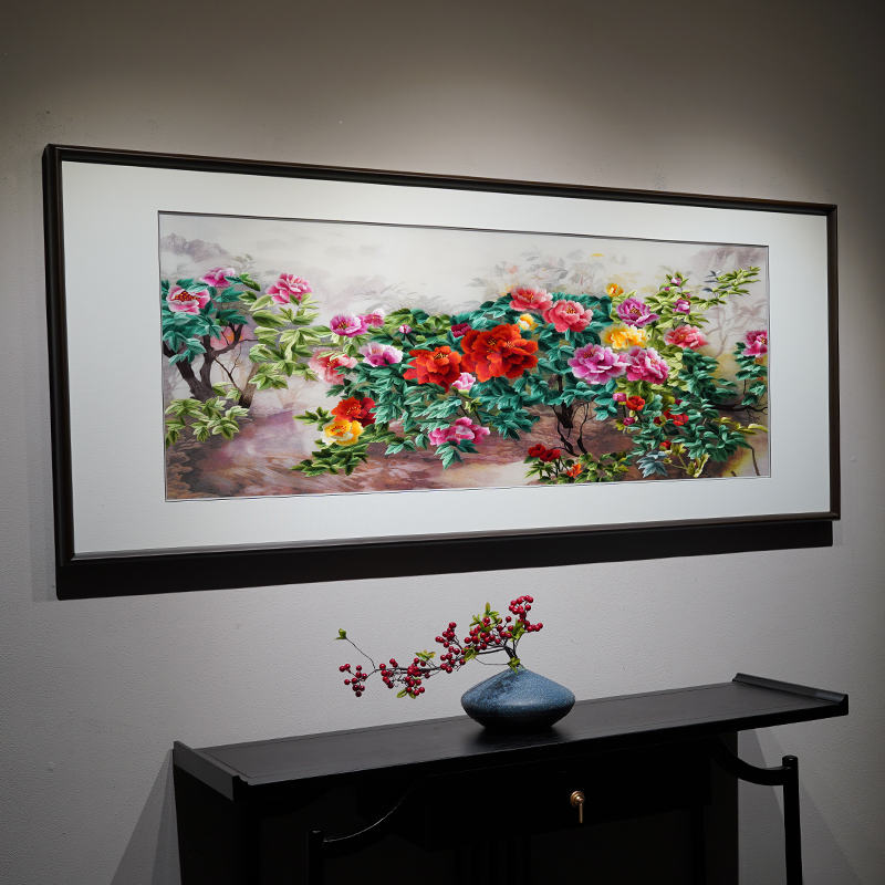 客厅沙发背景墙苏州纯手工刺绣成品挂画新中式牡丹花卉横板装饰画