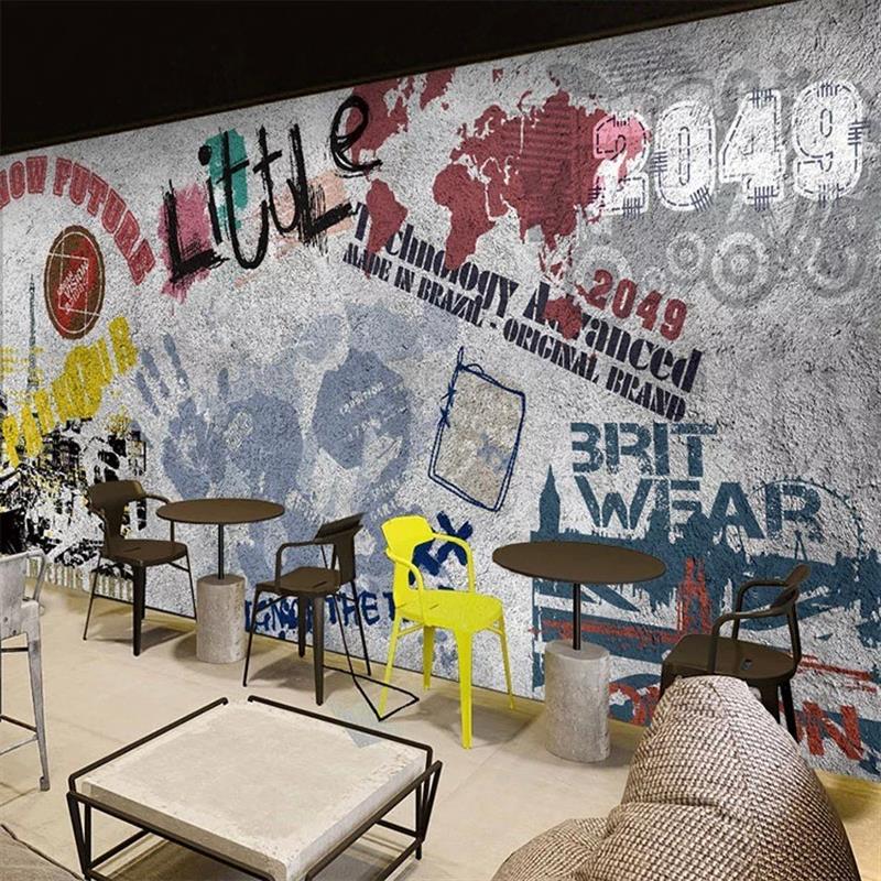 3D水泥墙字母工业风壁纸复古loft涂鸦墙纸酒吧服装店走廊背景壁画