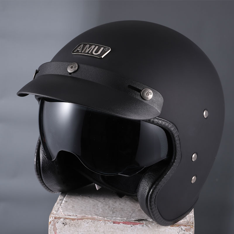 新款AMU复古摩托车踏板机车头盔女士夏季四分之三凯旋男半盔