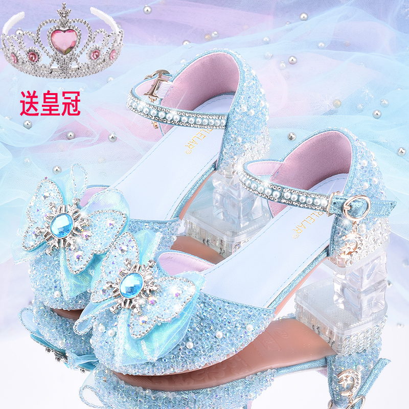 女童高跟鞋蓝色冰雪奇缘水晶鞋新款爱莎公主鞋女孩网红鞋个性跟鞋