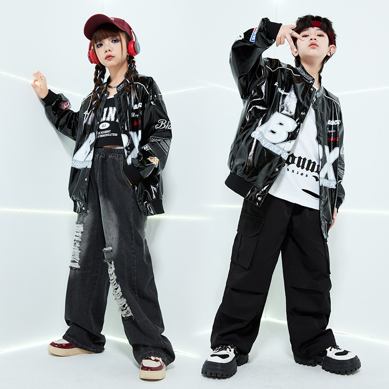 儿童街舞hiphop男童女童嘻哈机车风皮衣套装爵士舞走秀炸街演出服