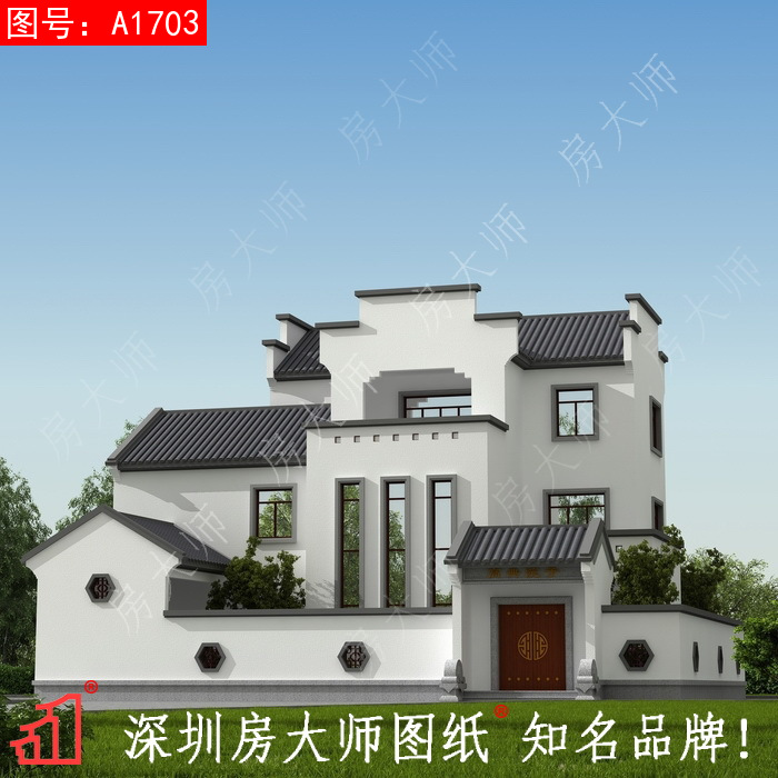 中式庭院别墅外观设计效果图二三层复式建筑房屋带露台
