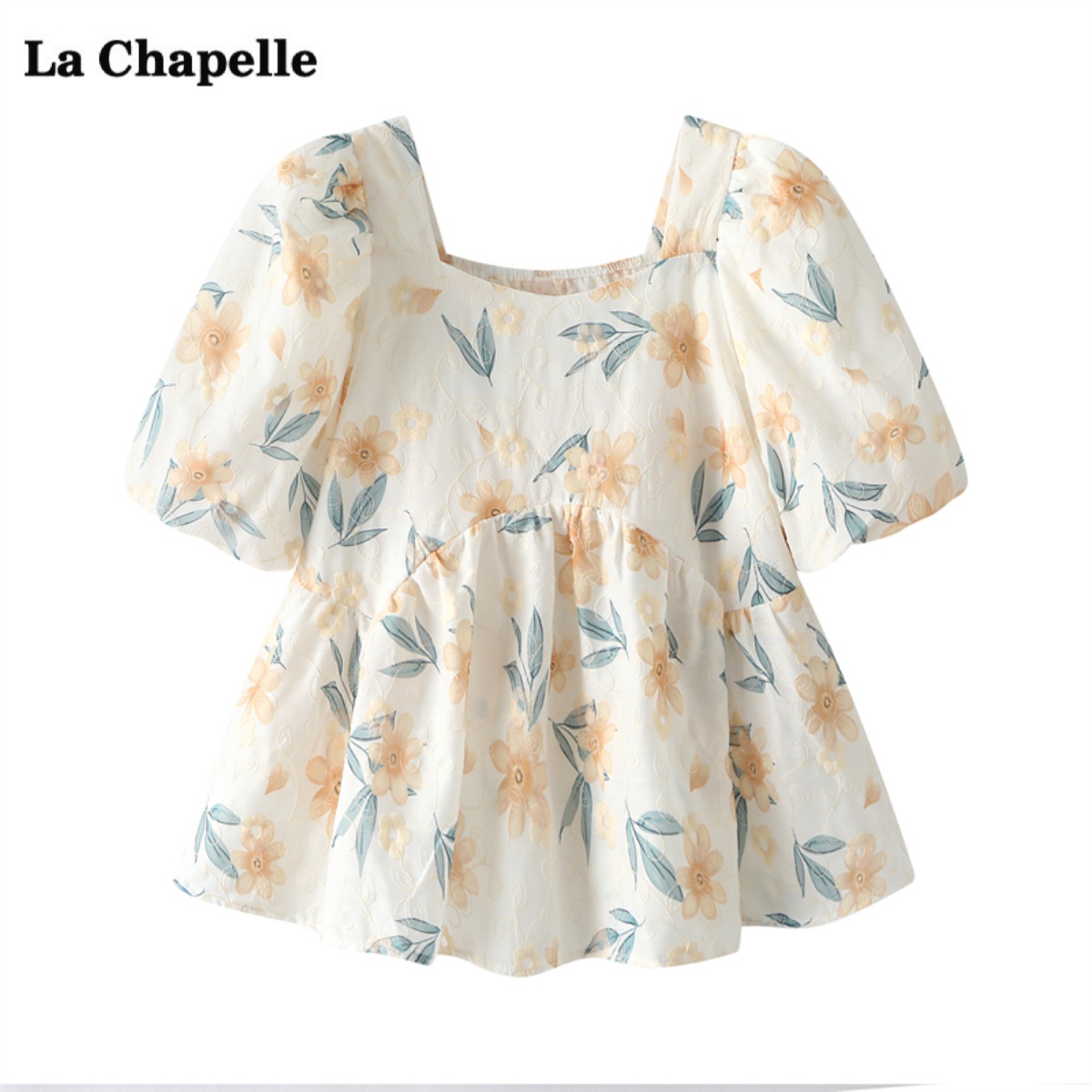 拉夏贝尔/La Chapelle夏季新款方领泡泡袖碎花衬衫女短袖小衫上衣