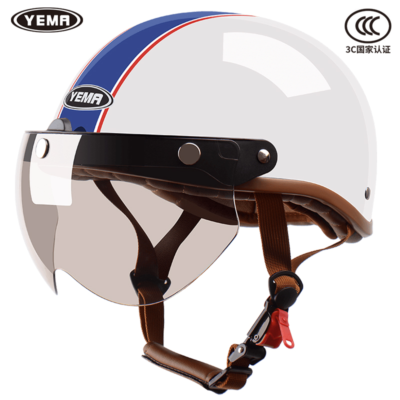 野马3C认证复古哈雷半盔电动摩托车头盔男女夏季瓜皮安全帽灰瓢盔