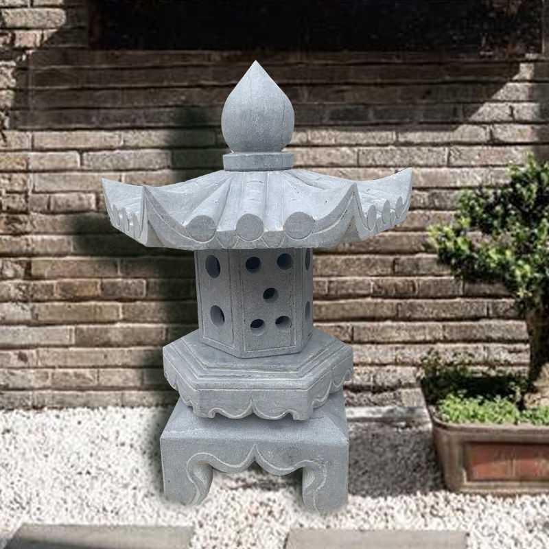 青石雕仿古日式禅意园林景观草坪室内户外庭院 太阳能落地石灯笼
