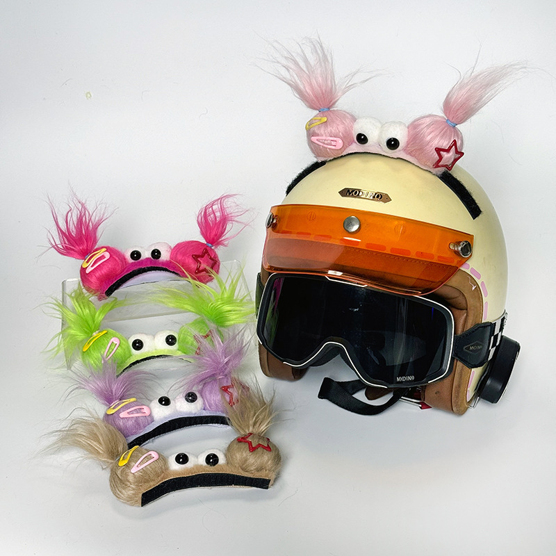 电瓶车头盔装饰三幅娃滑雪盔配饰双马尾头盔摩托车配饰发饰改