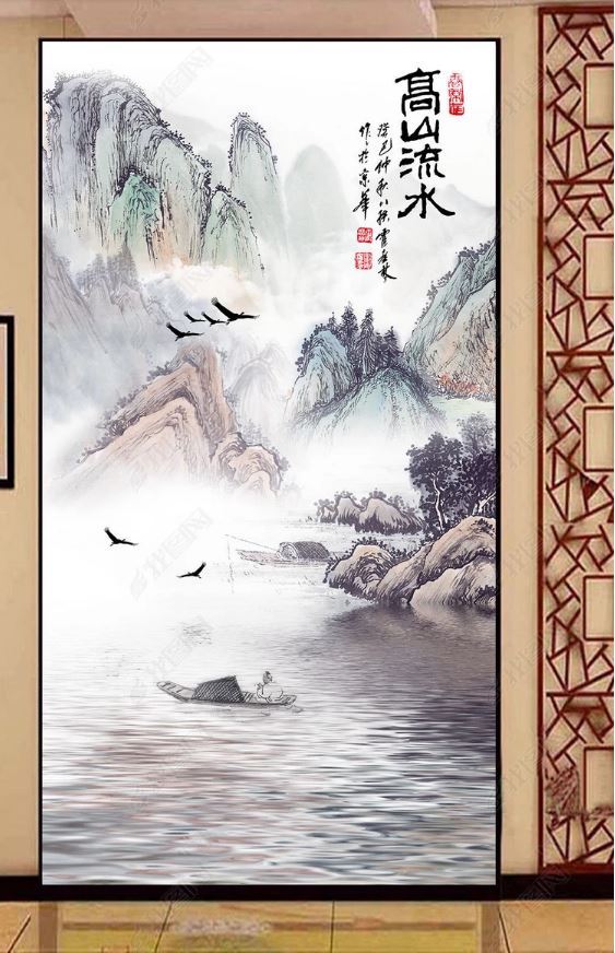 中式意境水墨山水画玄关背景墙宁静致远山水情过道走廊墙纸壁画