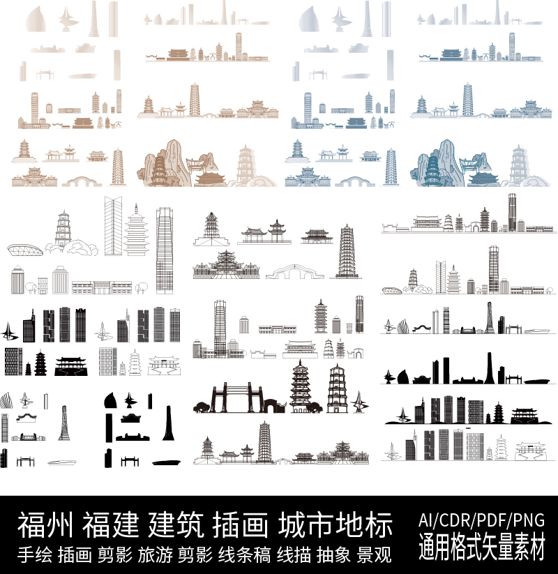 福州福建建筑天际线条描稿地标城市景点剪影旅游设计手绘插画素材