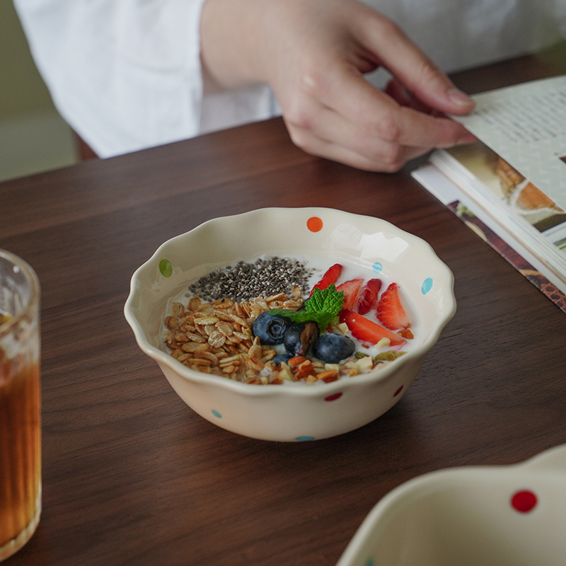 肆月波点沙拉碗高颜值家用小碗陶瓷碗单个装水果蔬菜燕麦碗早餐碗