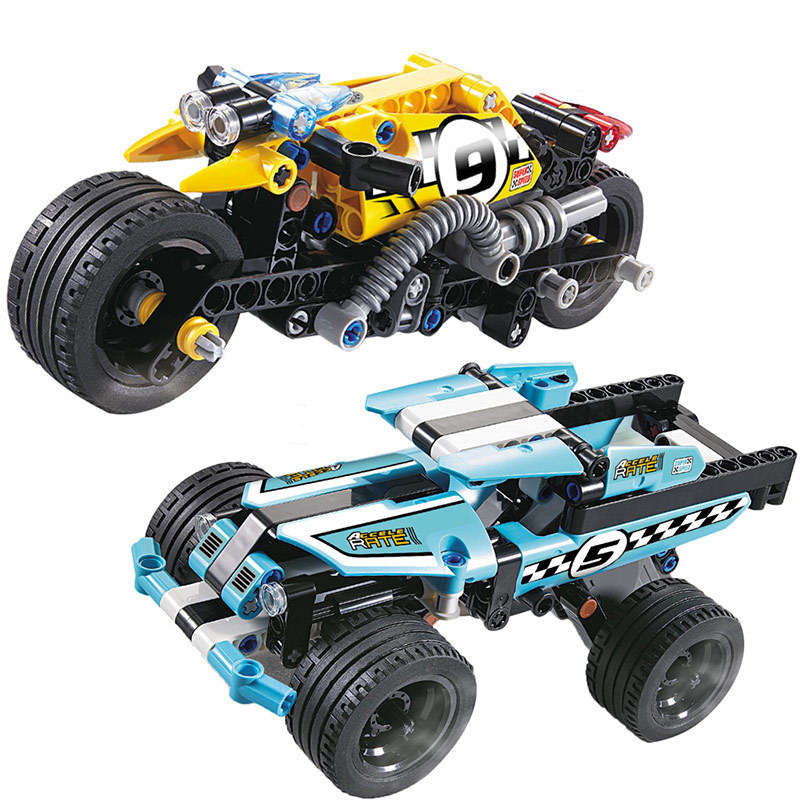 包邮益智科技机械组回力车特技车赛车特技摩托车拼装模型儿童玩具