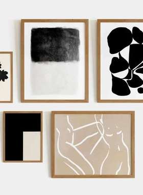 简约现代黑白抽象艺术线条人物树叶装饰画高清图片画芯喷绘素材库