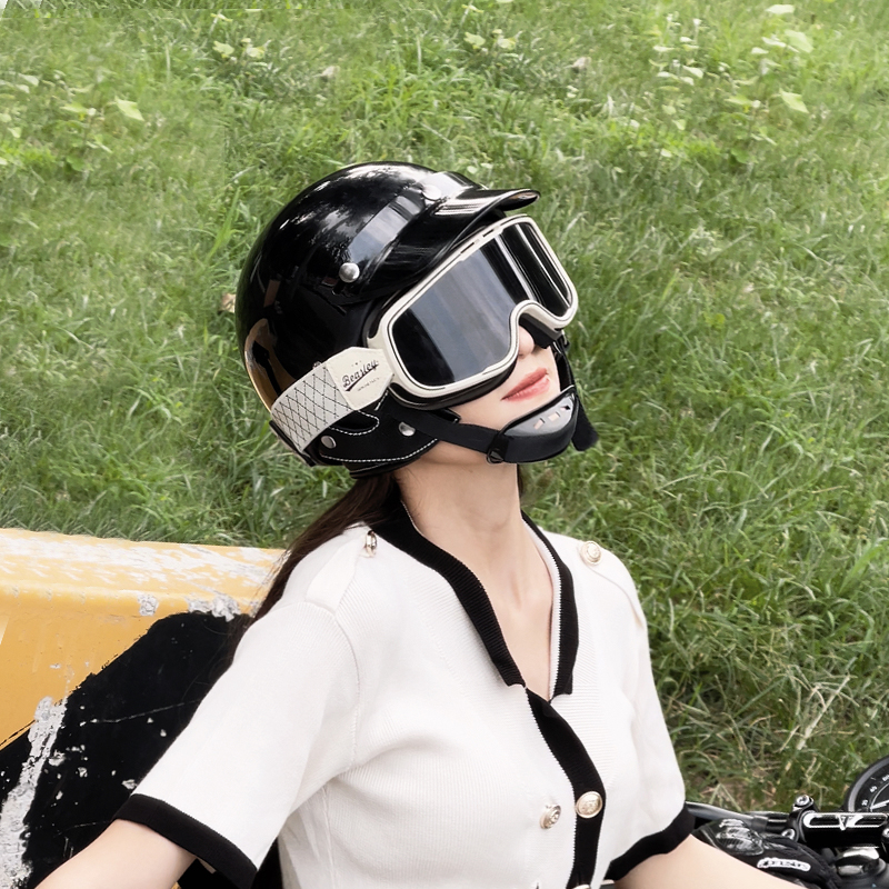 高档BEASLEY比斯力复古电动摩托车头盔女机车日式夏季哈雷半盔男