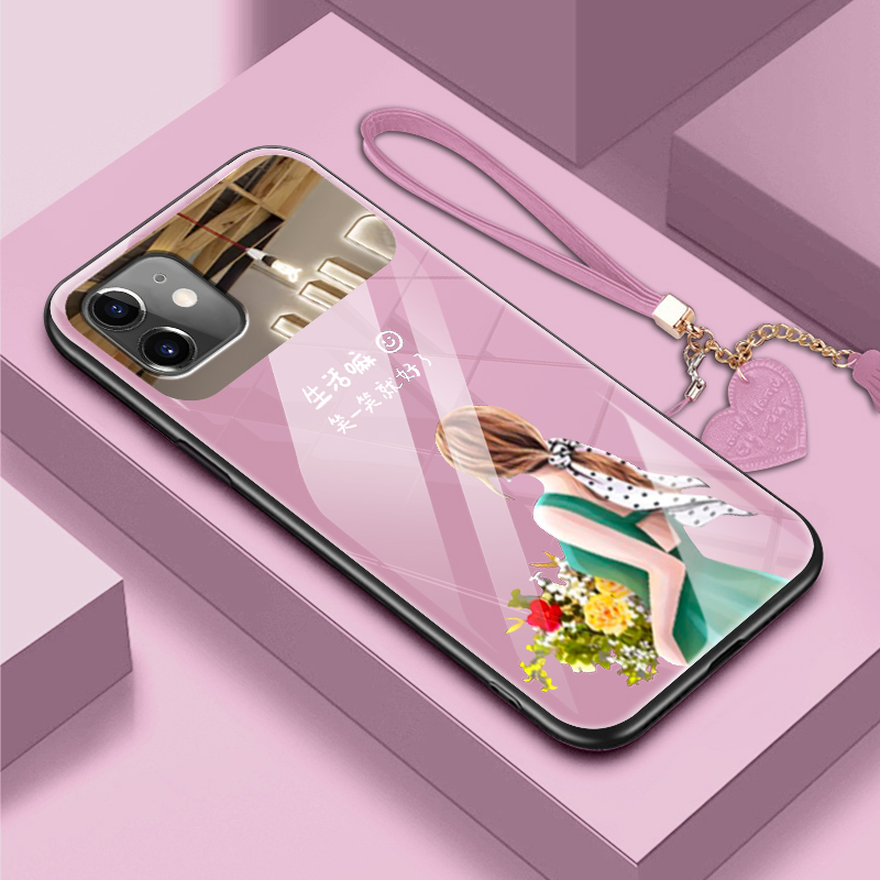 新款抱着鲜花的女孩苹果14promax手机壳13镜子iPhone12pro玻璃11薄xs外8plus全包i7时尚mini励志xr套女款适用