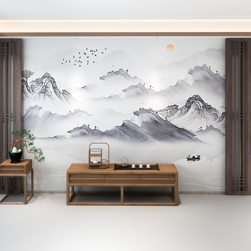 新中式山水风景画墙纸客厅电视背景墙壁纸水墨淡雅8D壁画影视墙布
