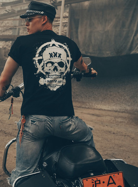 暗黑摩托机车摇滚金属乐队硬核铁拳骷髅头衣服泰国潮牌短袖T恤男