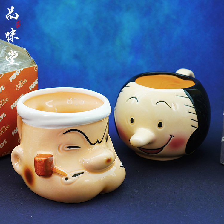 绝版九十年代日本大力水手 奥利佛动画片立体水杯马克杯茶杯收藏