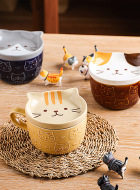 日式陶瓷卡通动物马克杯萌宠家用早餐杯办公咖啡杯带盖情侣水杯子