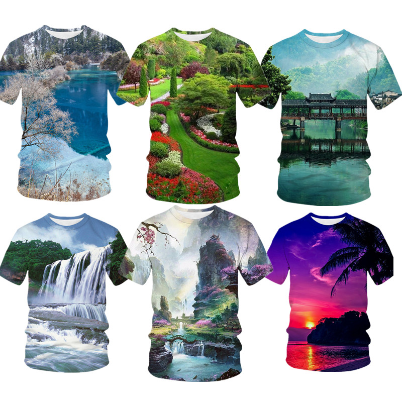 夏季男士3D风景山水画森林绿茵瀑布宽松大码冰丝短袖透气T恤半袖