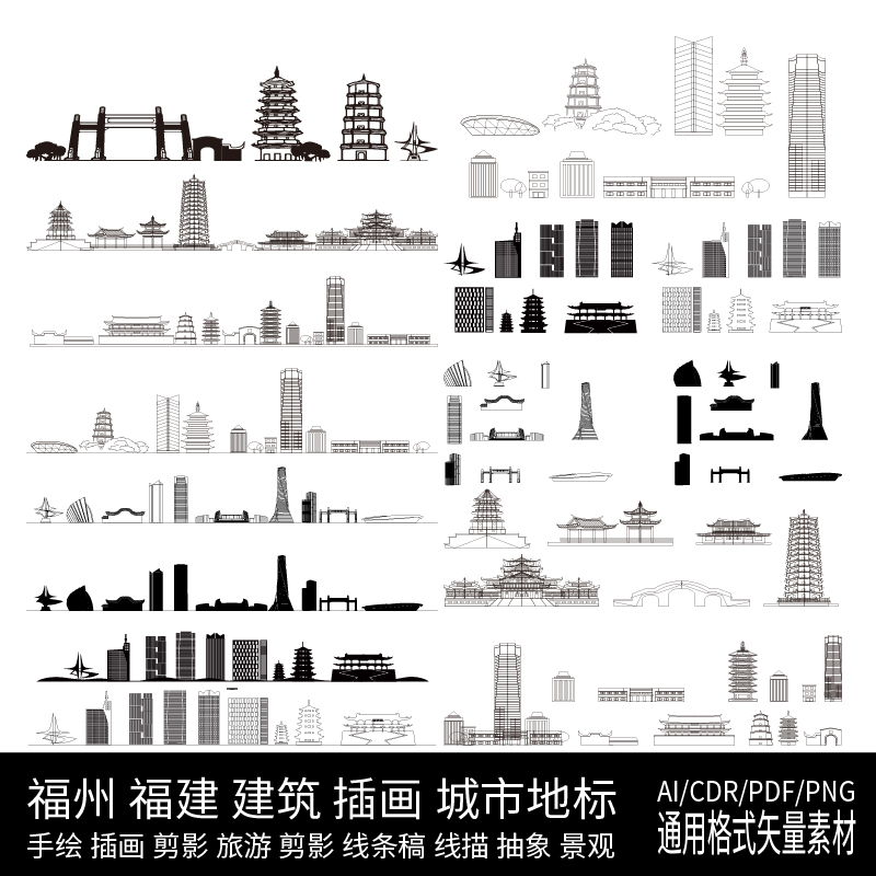 福州福建建筑天际线条描稿地标城市景点插画剪影旅游设计手绘素材