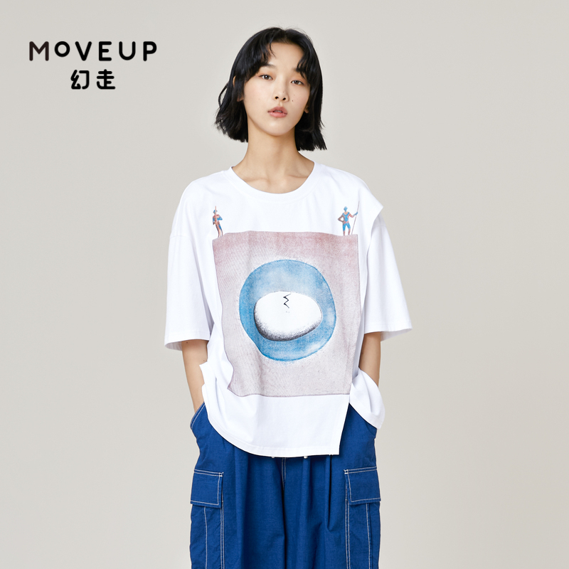 【商场同款】MOVEUP幻走2021夏季 圆领搭片印花图案休闲短款T恤女