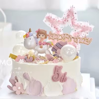 大头独角兽女孩蛋糕装饰摆件小仙女小公主生日聚会甜品台烘焙插件