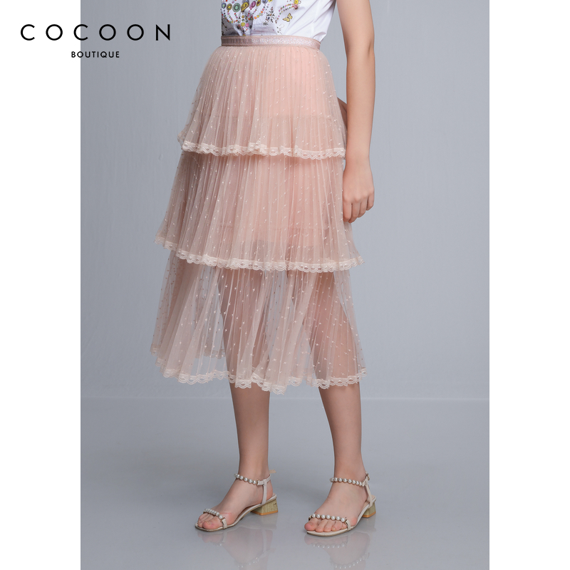 COCOON商场同款2021夏季重工蕾丝刺绣蛋糕裙层叠网纱半身裙女