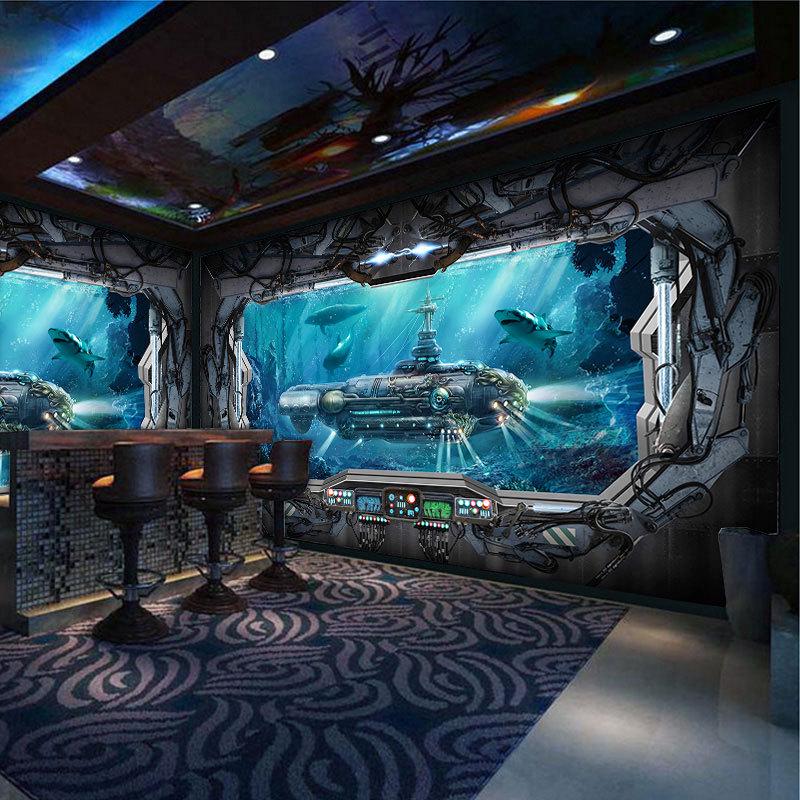 太空舱科技感背景墙壁纸ktv墙纸3d海底世界壁布酒店科幻海洋壁画