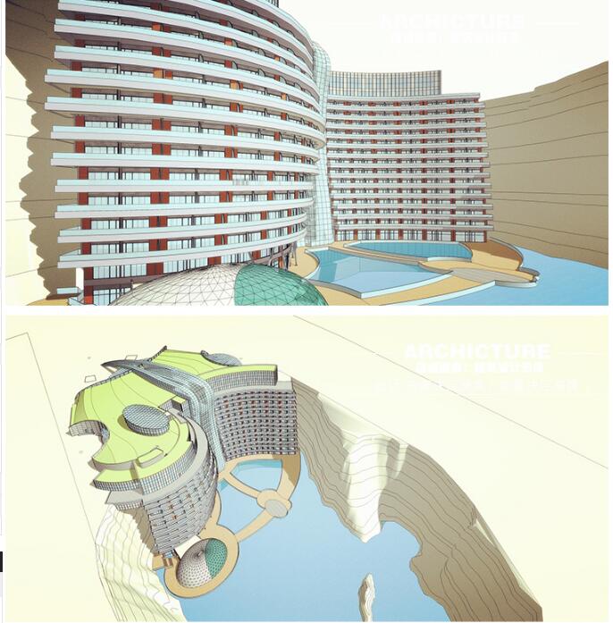 曲面现代/高层/深坑/度假区/景区酒店/商业综合体建筑设计/su模型