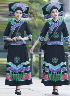 24款黑色配绿条壮族服装女传统服饰长裙回娘家三月三民族风活动服