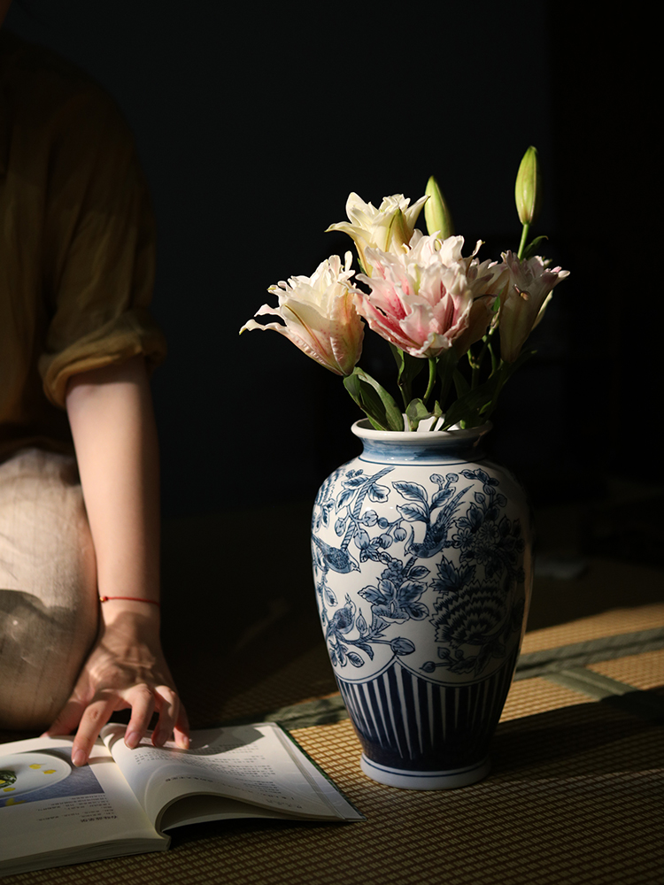 大相莲花 新中式青花瓷玄关花瓶摆件 青花雀鸟瓶 客厅陶瓷花器
