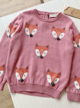 出口英国童装秋季纯棉线毛衣女童可爱小狐狸套头针织衫 1-10岁